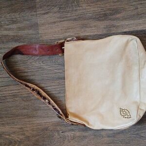 Vintage Y2K Betsey Johnson Tan Leather Hobo Bag with a Buckled Sequin Strap.